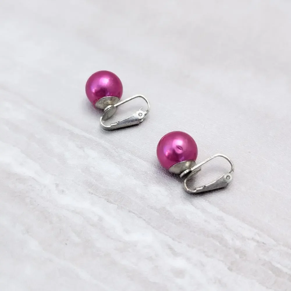 Vintage Clip On Earrings Bright Pink Ball / Faux Pearl Statement Retro Glam